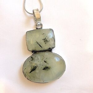 1 1/2 inch, 2 stone, Moss Prehnite pendant on 20 inch silver chain